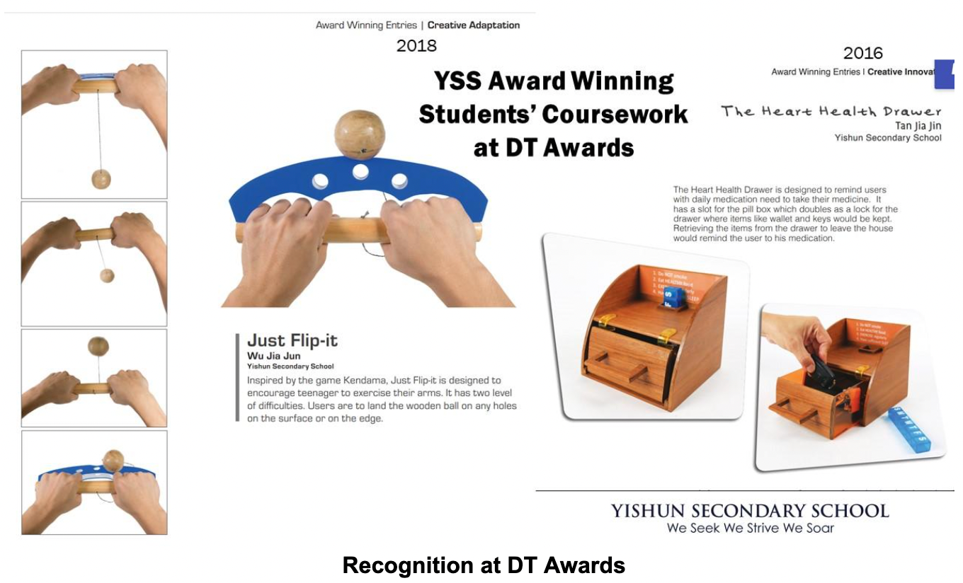 Poster showing Yishun Secondary School DT award-winning student projects: a wooden ball toy and a heart health drawer.